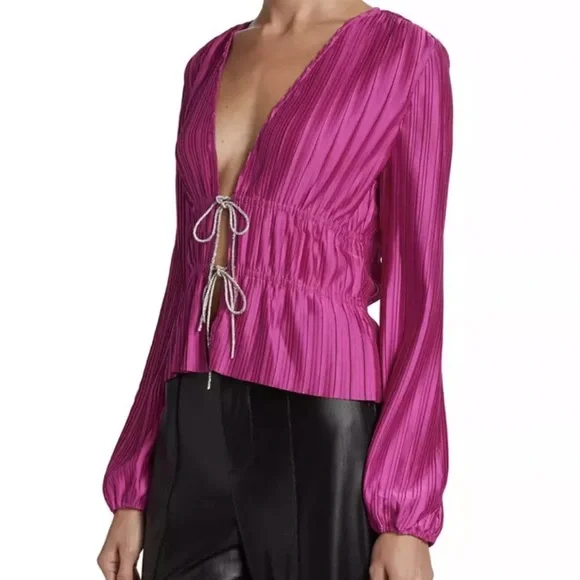 WAYF Payton Pink Tie Front Top Long Sleeve Blouse Women's Cardigan Rhinestone - Picture 11 of 16